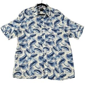 Benson Linen Blue Palm Leaf Print Button Up Casual Vacation Preppy Shirt - Sz XL